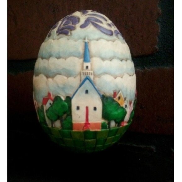 Jim Shore Easter Egg 4" Decorative Country scene Houses church Vintage embossed - Picture 6 of 6